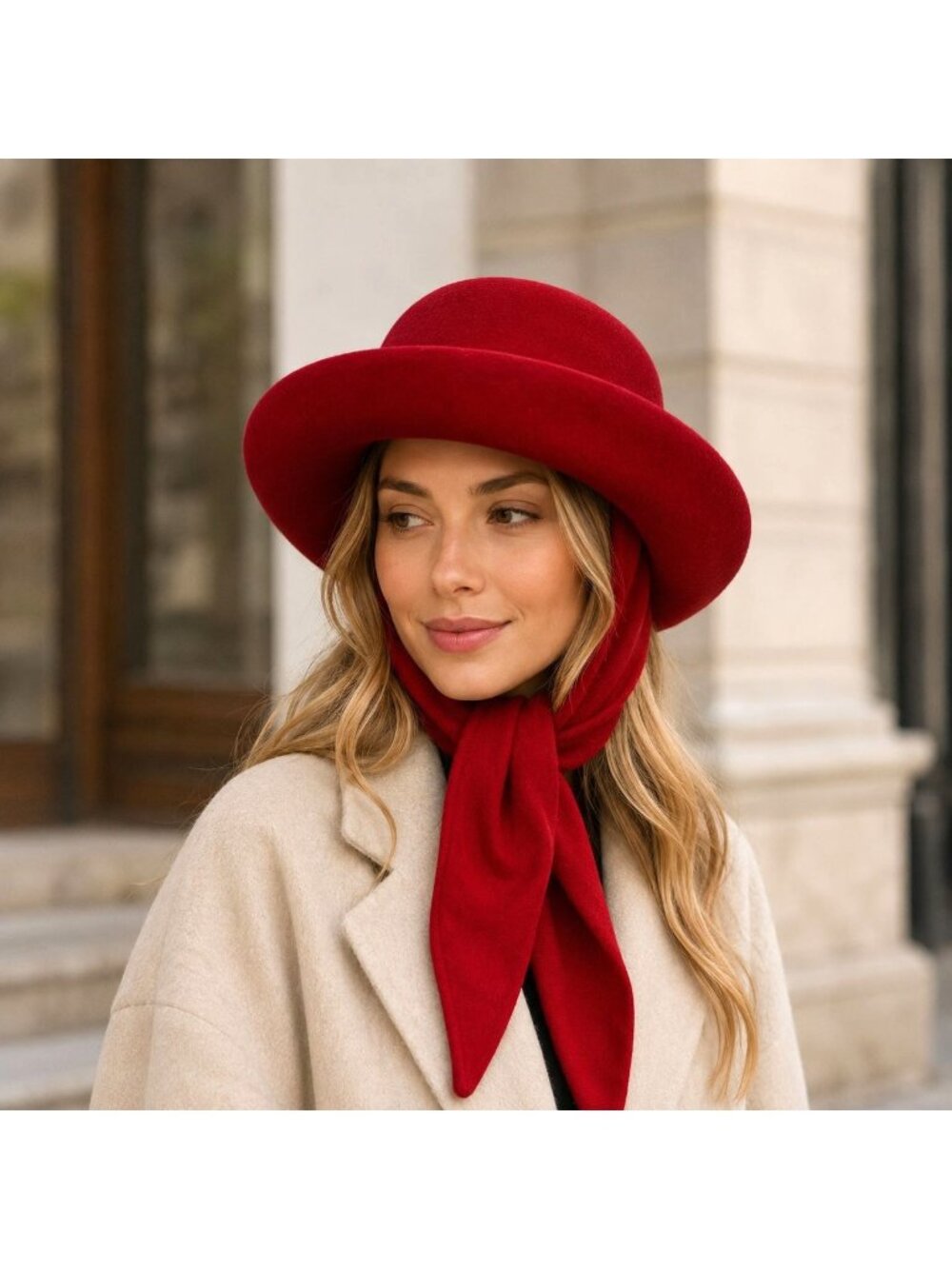 Red DoeSkin Wool Felt Church Hat VTG Scarf Tie Cloche by Bollman USA Millinery